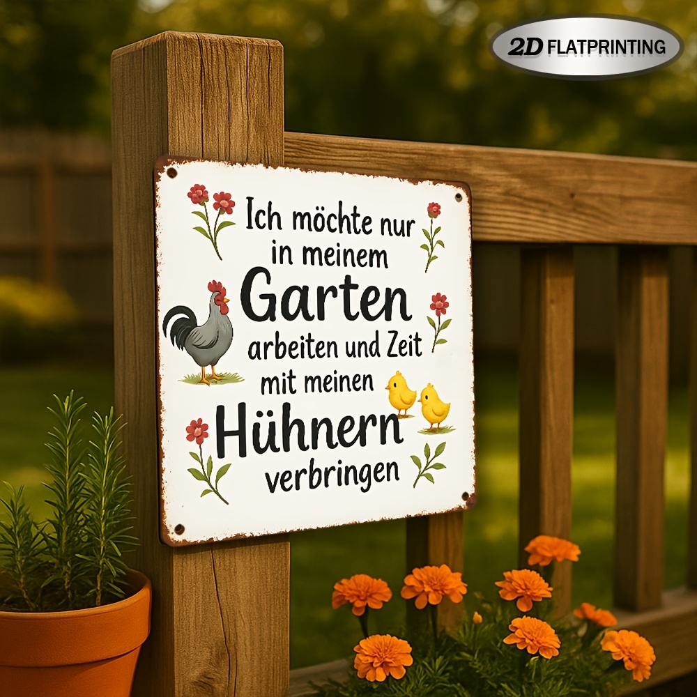E-shop 2D Flach, 1 Stück Vintage Deutscher Text Metall Wandschild - Bauernhof Huhn & Garten Plakette, 20,32 cm x 20,32 cm Rustikale Außen-/Aluminium