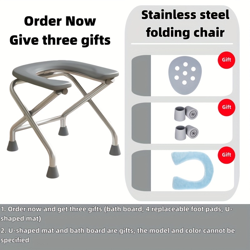 Image of Foldable Bedside Commode Chair Stainless Steel Non-slip Toilet Chair Free Non-slip Mat Foot Pad Bath Board