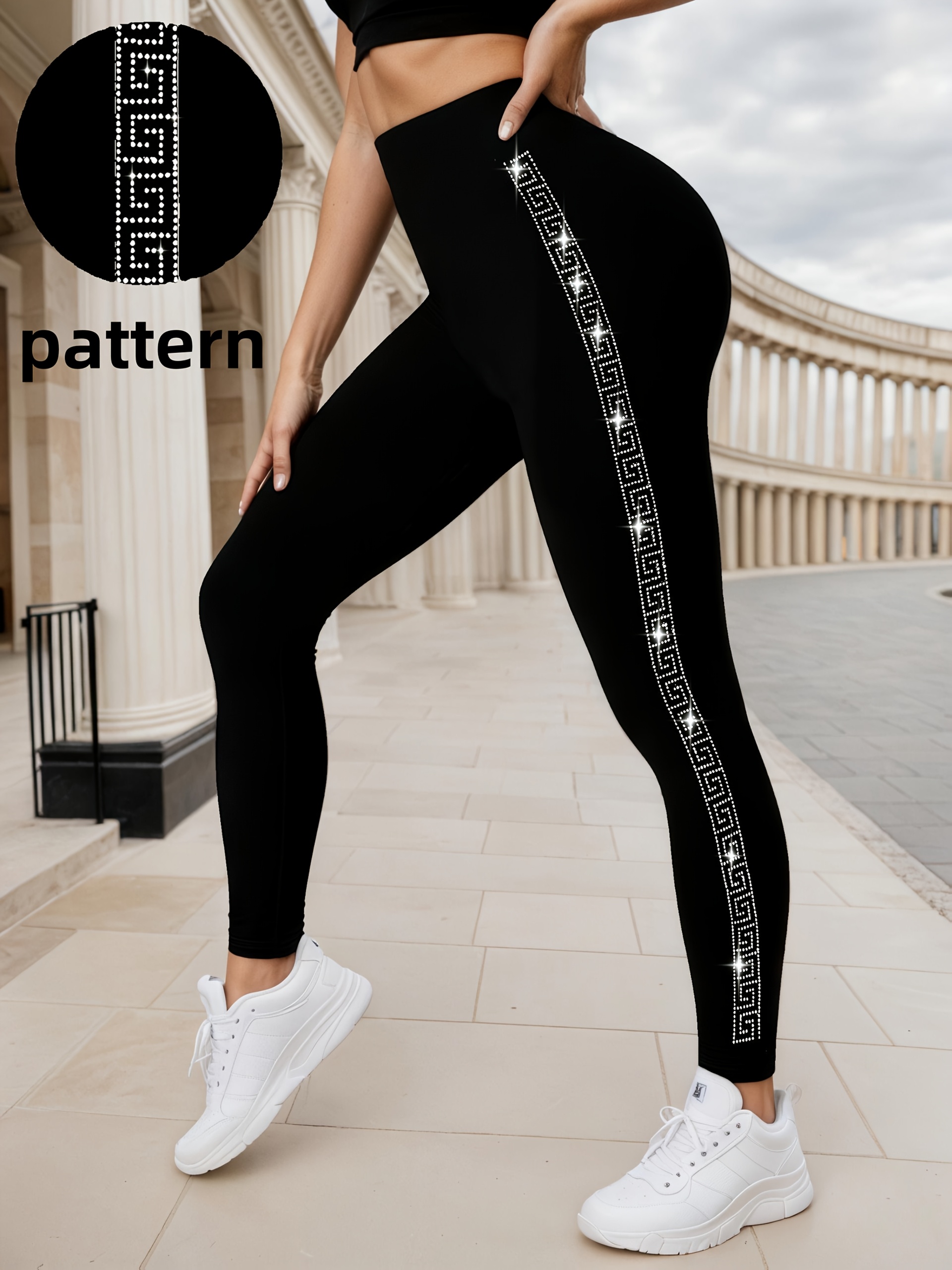 1 leggings de mujer de cintura   con pedrería - elásticos, pantalones cortos casuales con   geométrico, negros,   para un look casual, comodidad para    , leggings de cintura   0