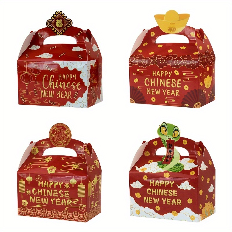 

12pcs Vibrant Chinese New Year Gift Boxes With Designs - Red & Golden Cartons For Party Favors, Goodies, And Decorations - Celebrations