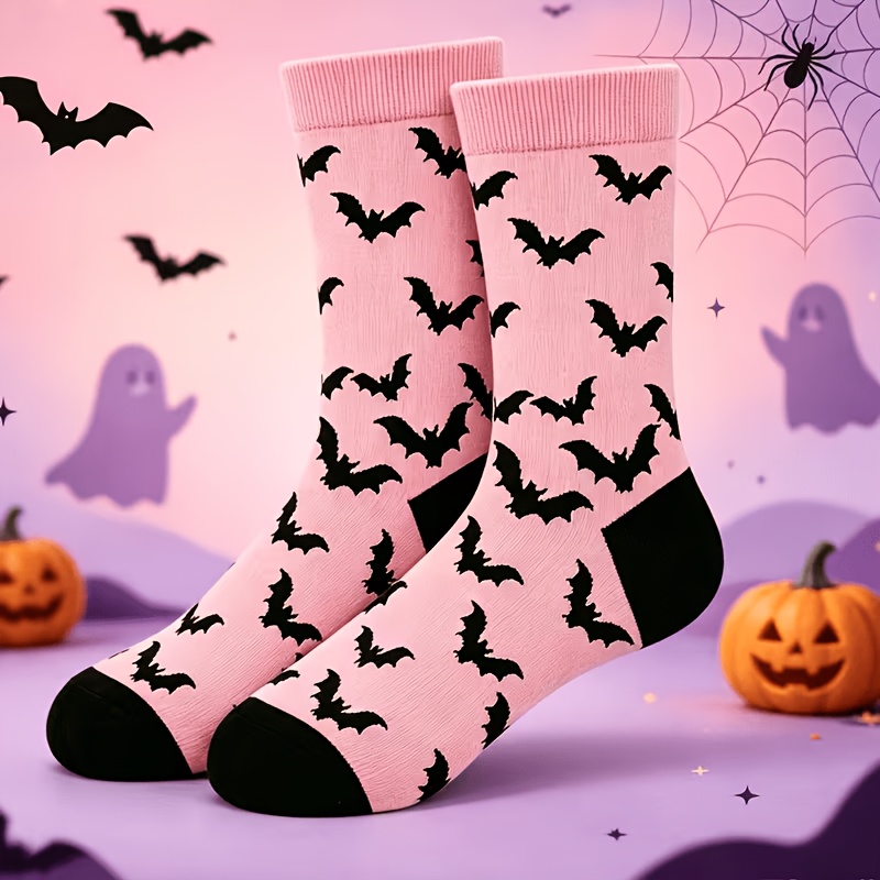 TEMU 1 Pair Pink Halloween Socks With Bat Patterns, Holiday Gift