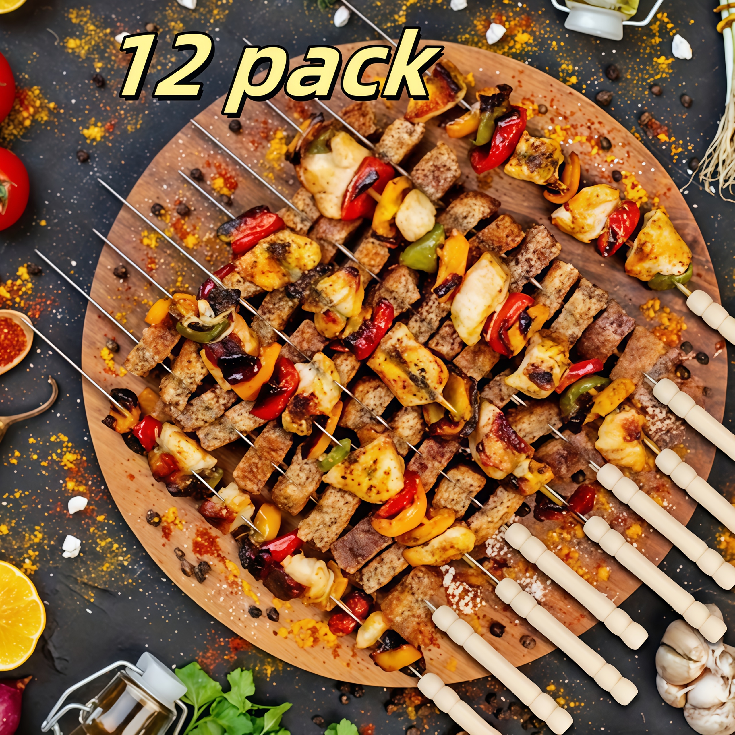 Image of 12 Stainless Steel Barbecue Skewers With Gourd Wood Handles - Used All Year Round, Metal Wood Handle Barbecue Skewers