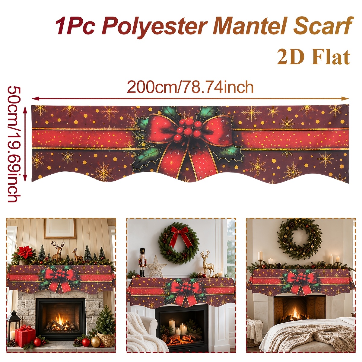 TEMU 1 pièce, Écharpe de manteau de cheminée de Noël, Housse d'écharpe de cheminée rouge de Noël avec de neige dorés, houx, ruban et pois, Décoration