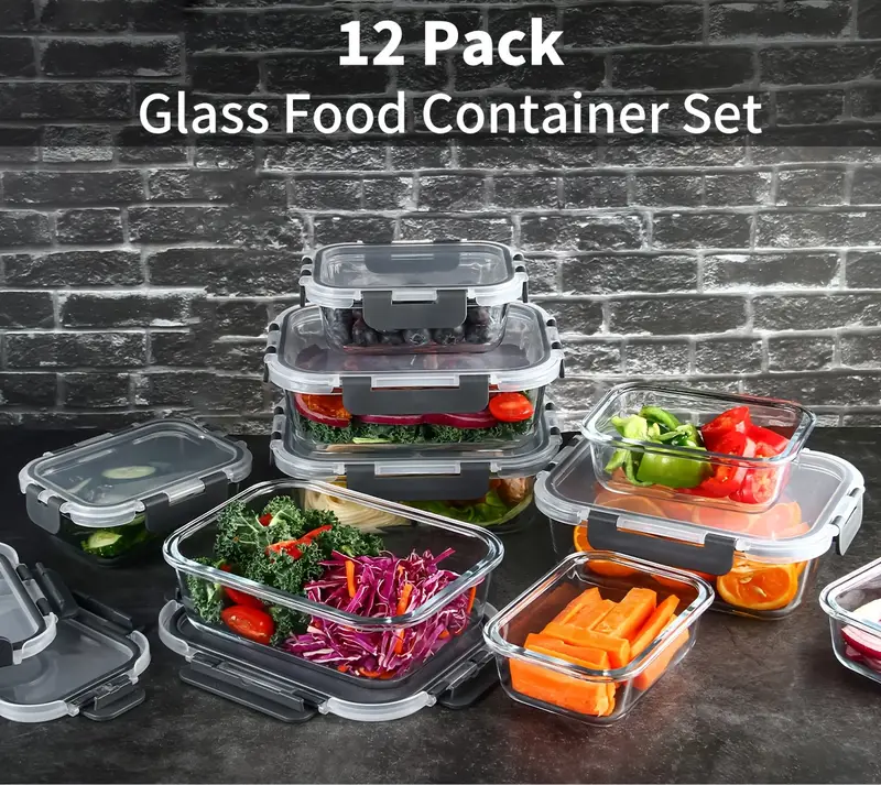 24pcs airtight glass food storage containers set leak proof microwave oven freezer dishwasher safe 12 containers 12 lids for meal prep and lunch Product details 2