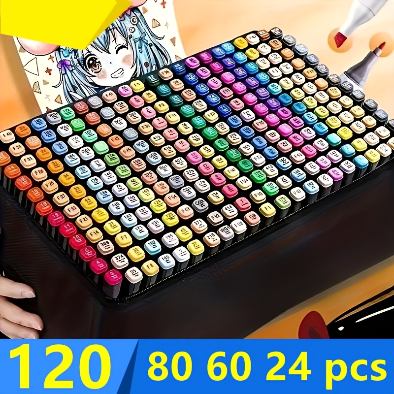 

120 80 60 24 Pcs Vibrant Colors Double-tip Permanent Markers - Professional Art Drawing Set For Adult Coloring Illustrations - Includes Organizing Case And Tips For Smooth Color