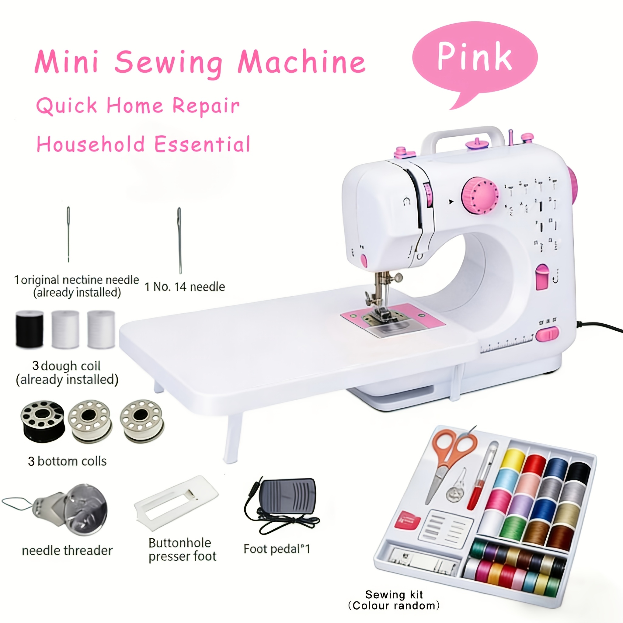 TEMU Portable Mini Sewing Machine With 12 Built- Foot Pedal Led Light Extension Table And 42pcs Sewing Kit Beginner Friendly Electric Household Craft