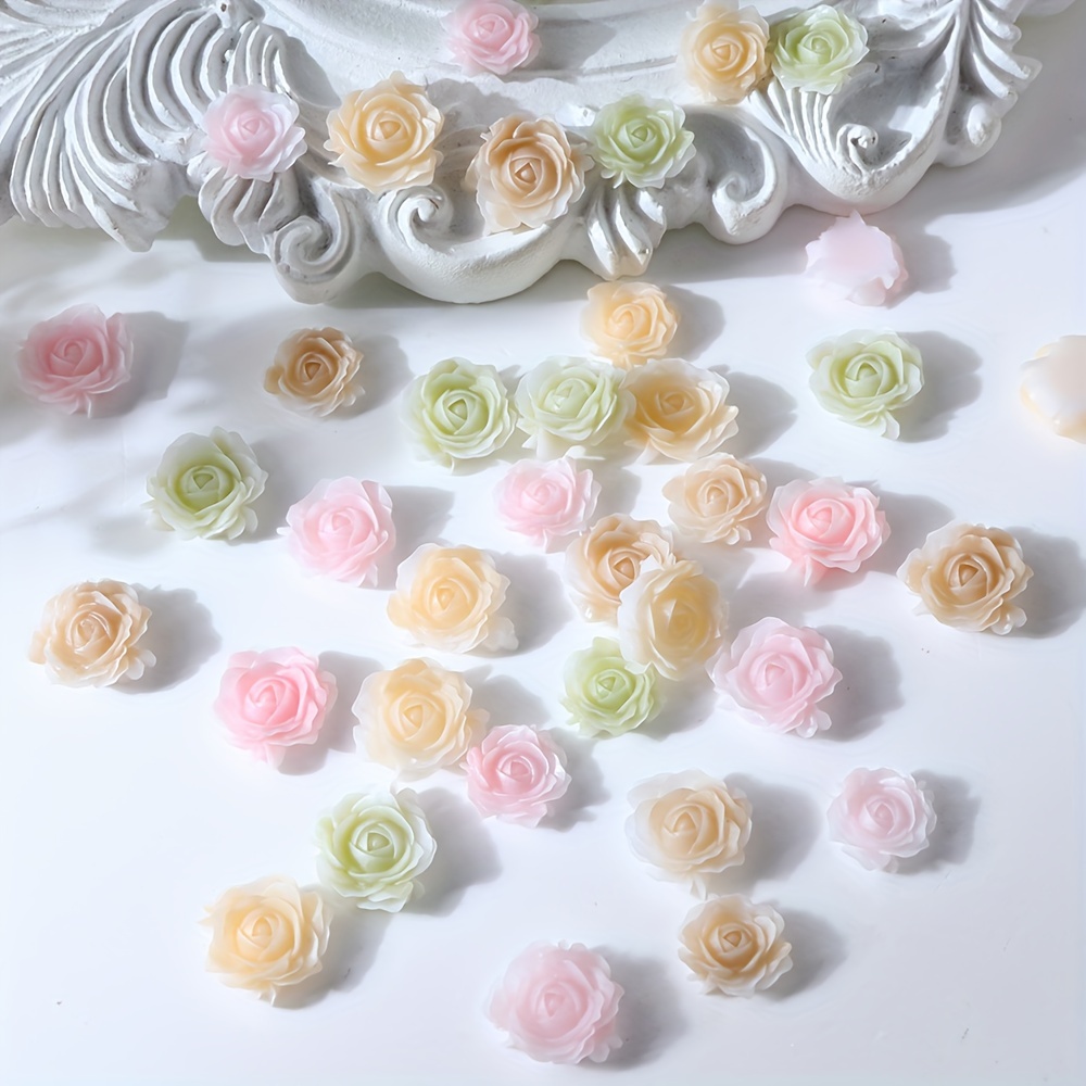 

100pcs Polyester Carved Rose Center Embellishments With Green Leaves For Resin Crafts And Jewelry Design Accessories