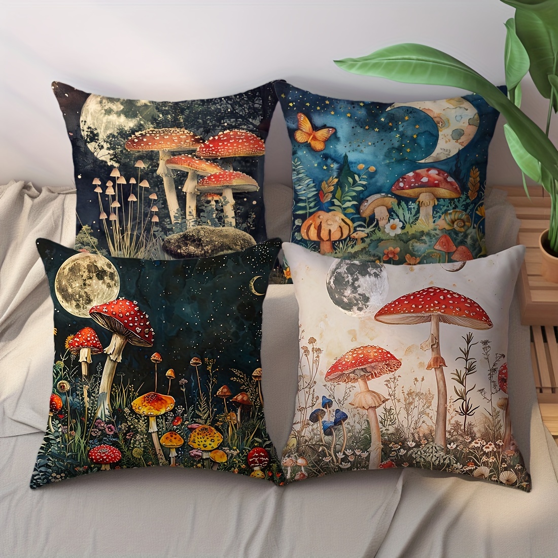 

4pcs/set Mushroom And Moon Peach Skin Velvet Throw Pillow Cover, Home Decoration Pillow Cover, Sofa Throw Pillow Cover, 45*45cm (without Pillow Core)