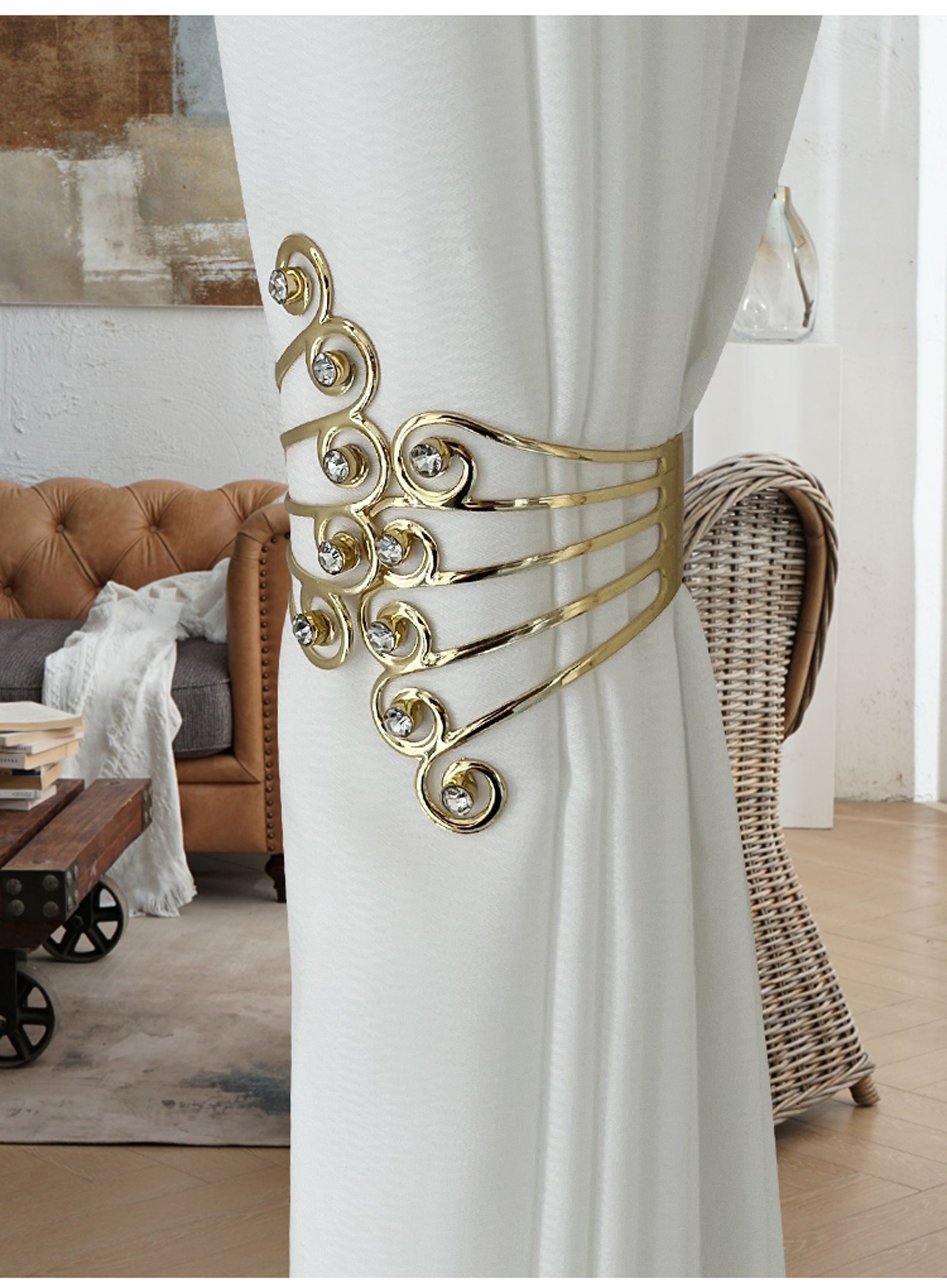 2pcs   gold silvery   and rhinestones design curtain tiebacks adjustable elegant skeleton curtain clasps for bedroom living room curtains fine   strong and   add   feeling to   details 6