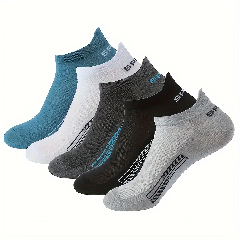 5 Pairs Unisex Alphabet Pattern Athletic Ankle Socks, Breathable Mesh Knit Fabric, 100% Polyester Sports Low Cut Socks for Men and Women