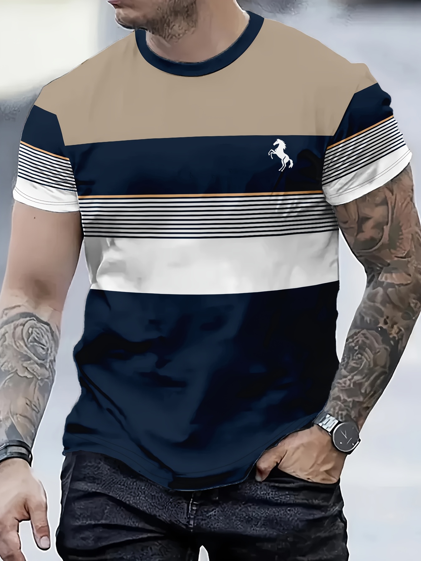 Men's Casual T-Shirt - Lightweight Polyester Outdoor Commuting and Vacation Wear. Machine Washable. Suitable for All Seasons. Comfortable for Daily Fashion Wear. | Round-neck T-Shirt | Breathable and Stylish Fabric.