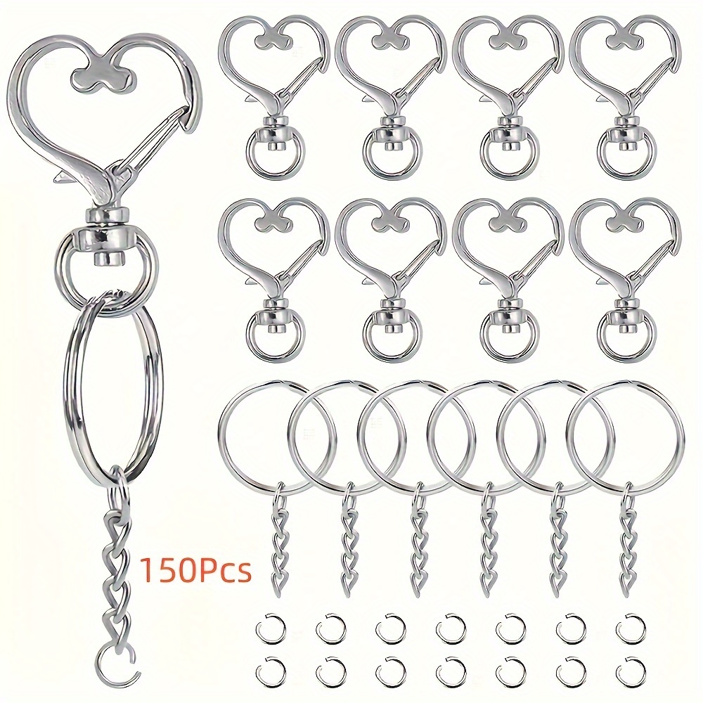 

150pcs Heart Shaped Keychain Swivel Snap Hook Set Metal Silvery Keychain Lobster Clasp Split Key Rings