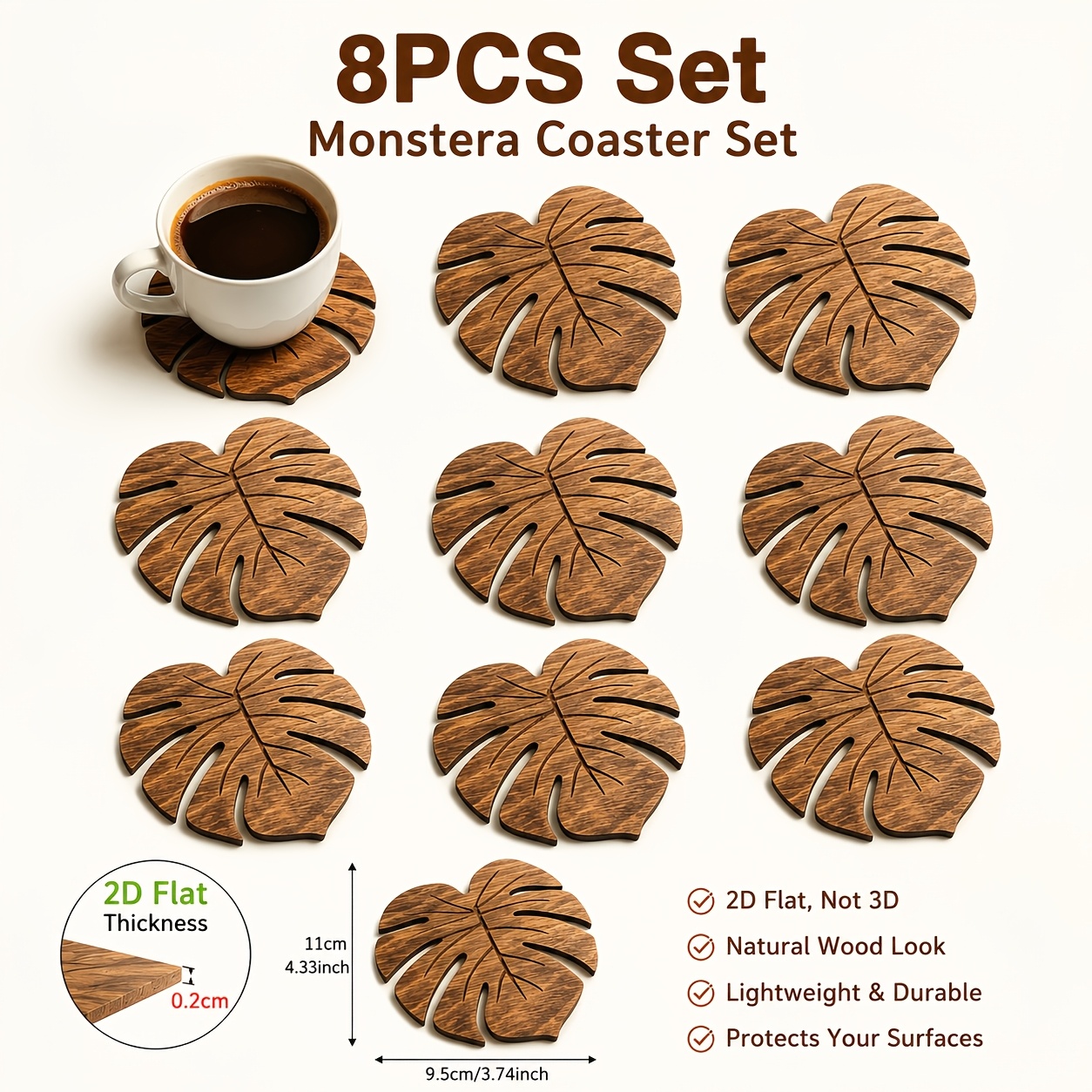 TEMU 8pcs Natural Wood Monstera Leaf Coasters Suitable For Kitchen, Dining Table, Coffee - Non-slip Heat & Table Protectors, Tropical Botanical Drink