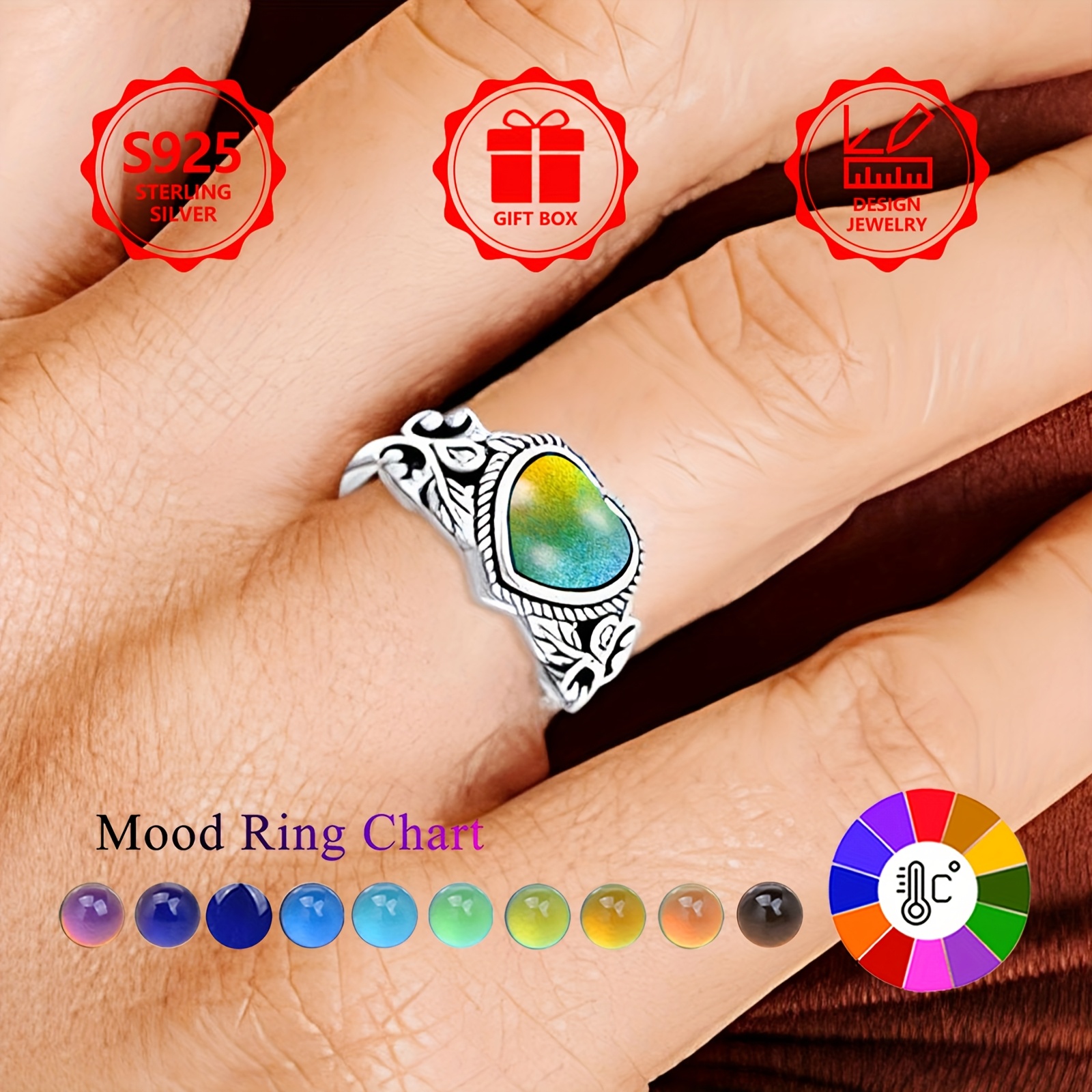 925 Sterling Silver Boho Mood Ring Heart Shape Hypoallergenic Gift