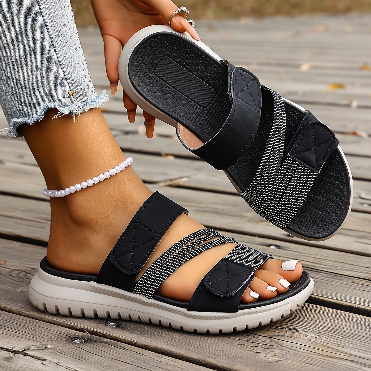 TEMU Women's Summer Simple Solid Color Wedge Heel Sandals, Casual Vintage Platform Outdoor Vacation Flat Slippers, Comfortable Wedge Heel Beach