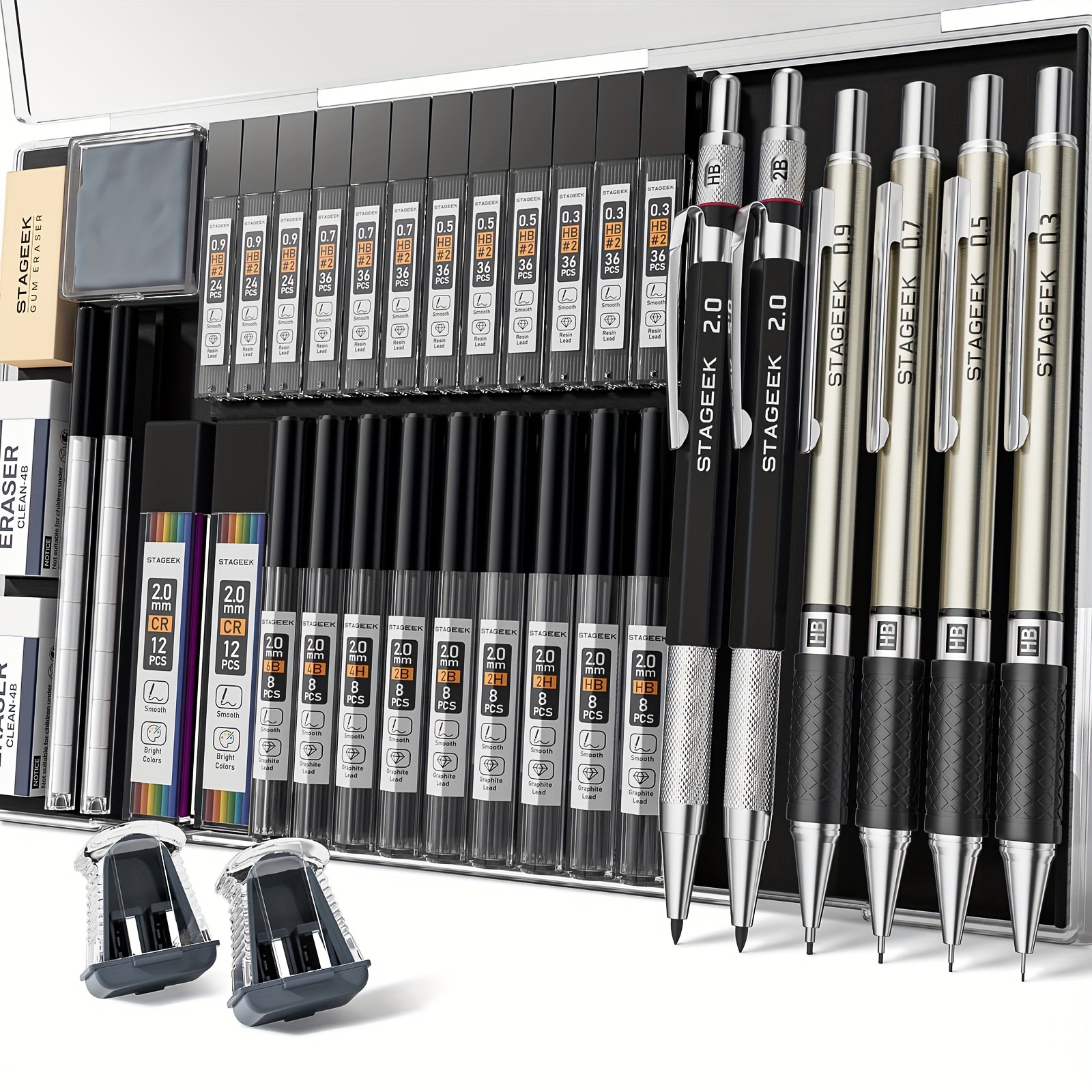 TEMU Ensemble de crayons automatiques 37 pièces, crayons de dessin 5 tailles - 0,3, 0,5, 0,7, 0,9MM et 2 pièces de crayons automatiques de dessin