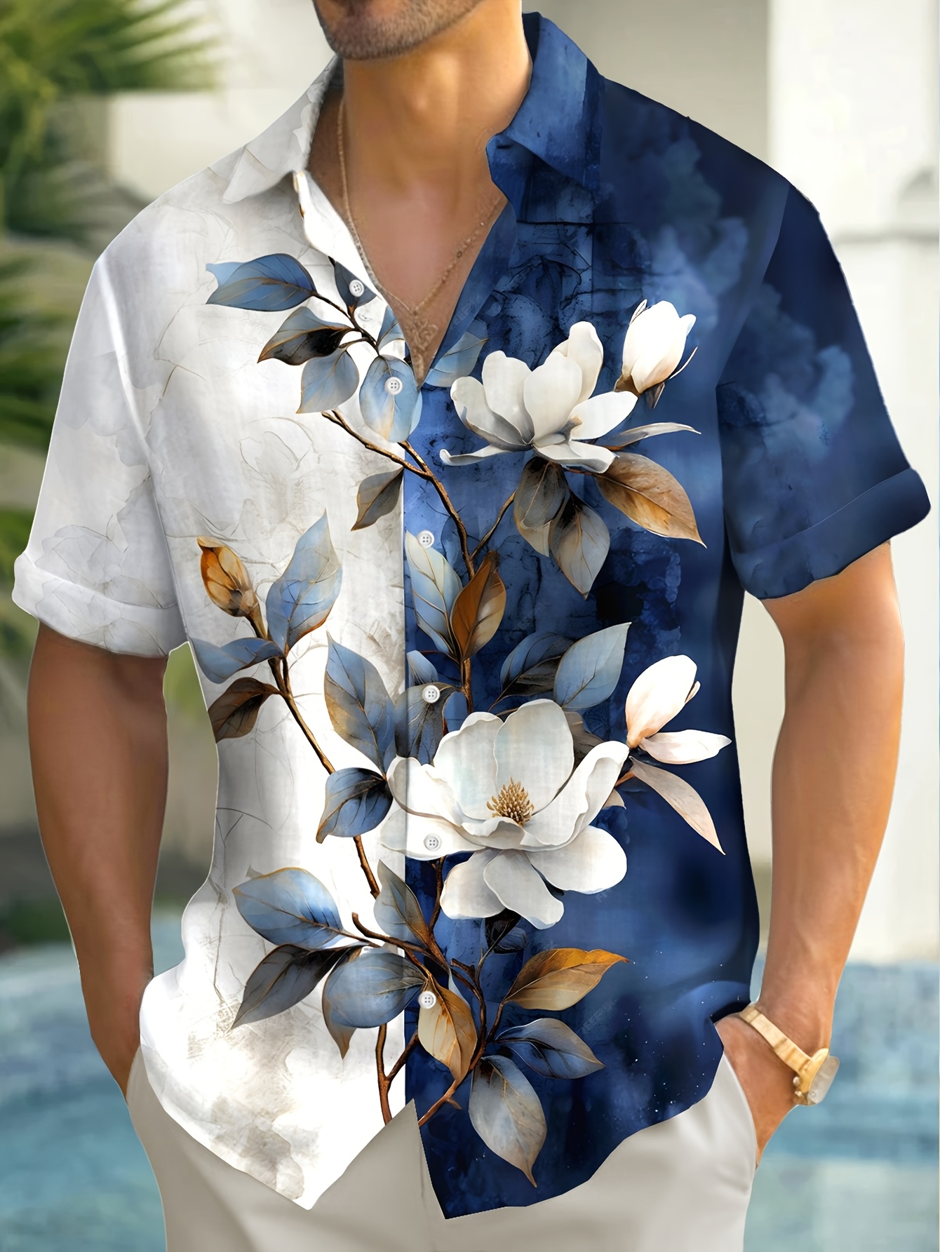 vintage hibiscus print mens casual button up short sleeve shirt hawaiian style