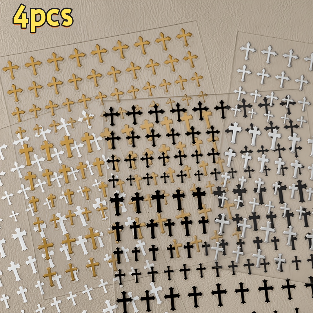 Image of 4pcs Cross Nail Stickers | Exquisite Minimalist Vintage Bad | Bdj1108 Style | Matte Metallic Texture And Micro-relief Contour | Waterproof Self-adhesive, Compatible With Natural Nails/press-on Nails