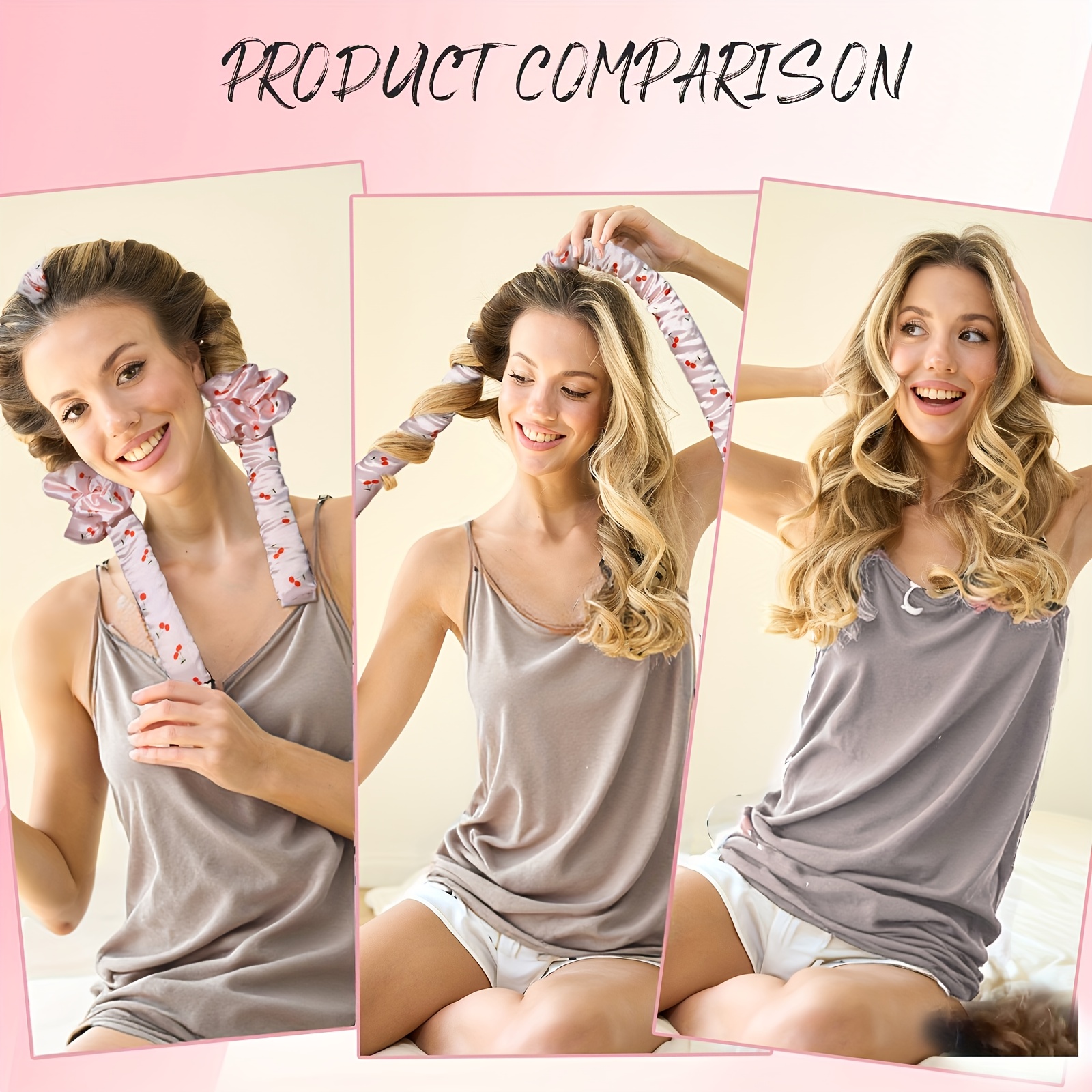 Ellitina 4pcs Cherry Print Satin Heatless Curler Set, Overnight Hair Curler to Sleep In, No Heat Curling Rods, with Satin Scrunchies And Clip