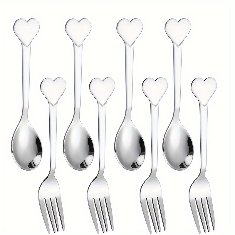 Image of 8pcs/4pcs/2pcs Stainless Steel Love Spoon And Fork Spoon Cute Creative Thickened Dessert Stomach Dish Fork Fruit Fork, Very Suitable For Home Kitchen, Outdoor Travel Use