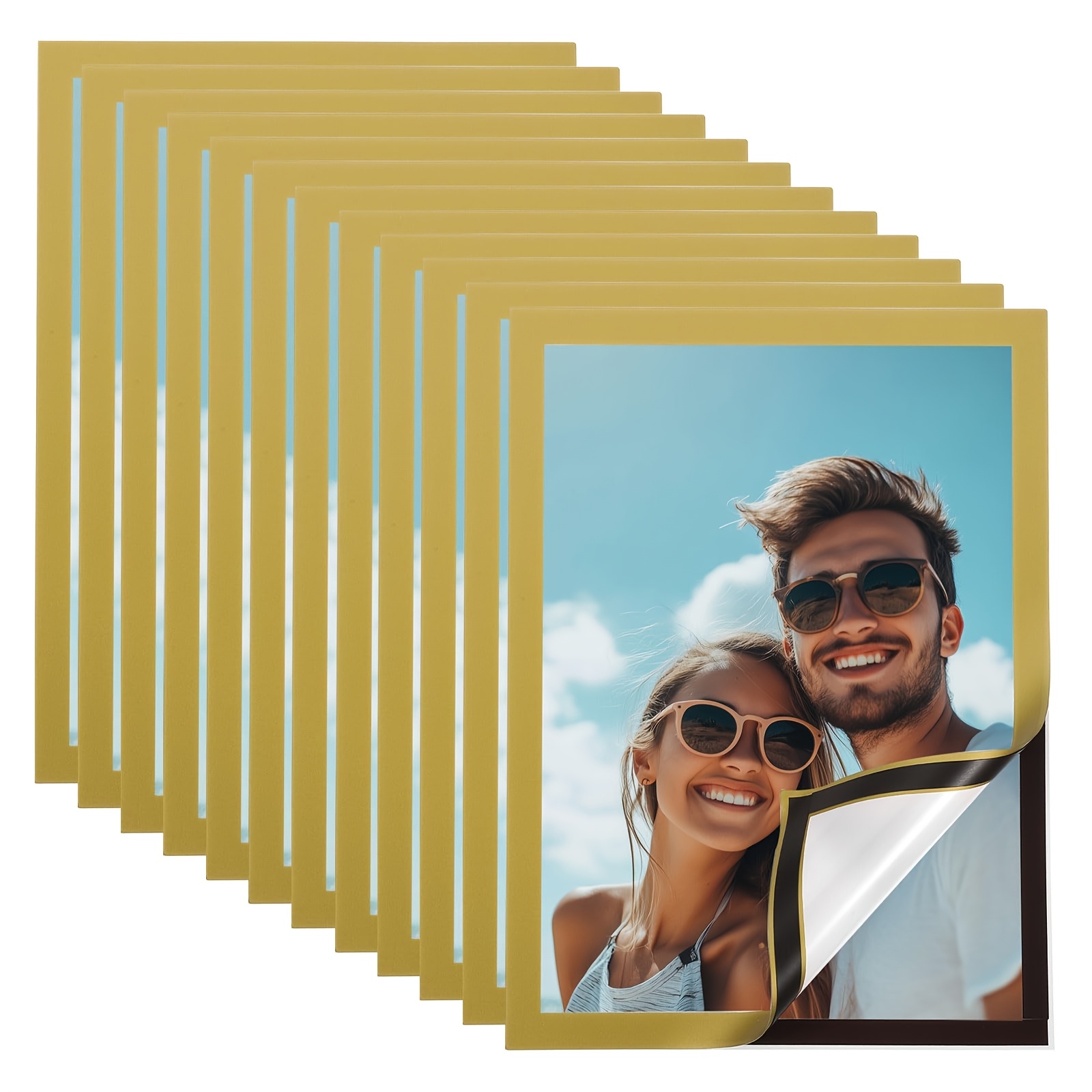 Image of 12pcs Elegant Golden Magnetic Photo Frames - Self-adhesive, Wall-mounted Display For Family Photos, Lightweight Pvc, Contemporary Style, Vertical Rectangle