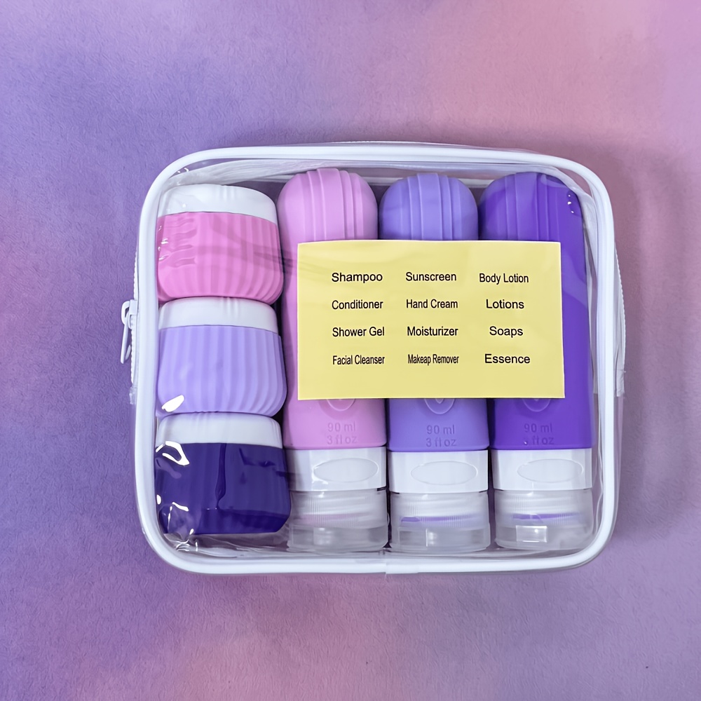 TEMU Set de 6 flacons de voyage en silicone, récipients à liquide rechargeables et à presser étanches, flacons de voyage de 90 ml pour shampoing,