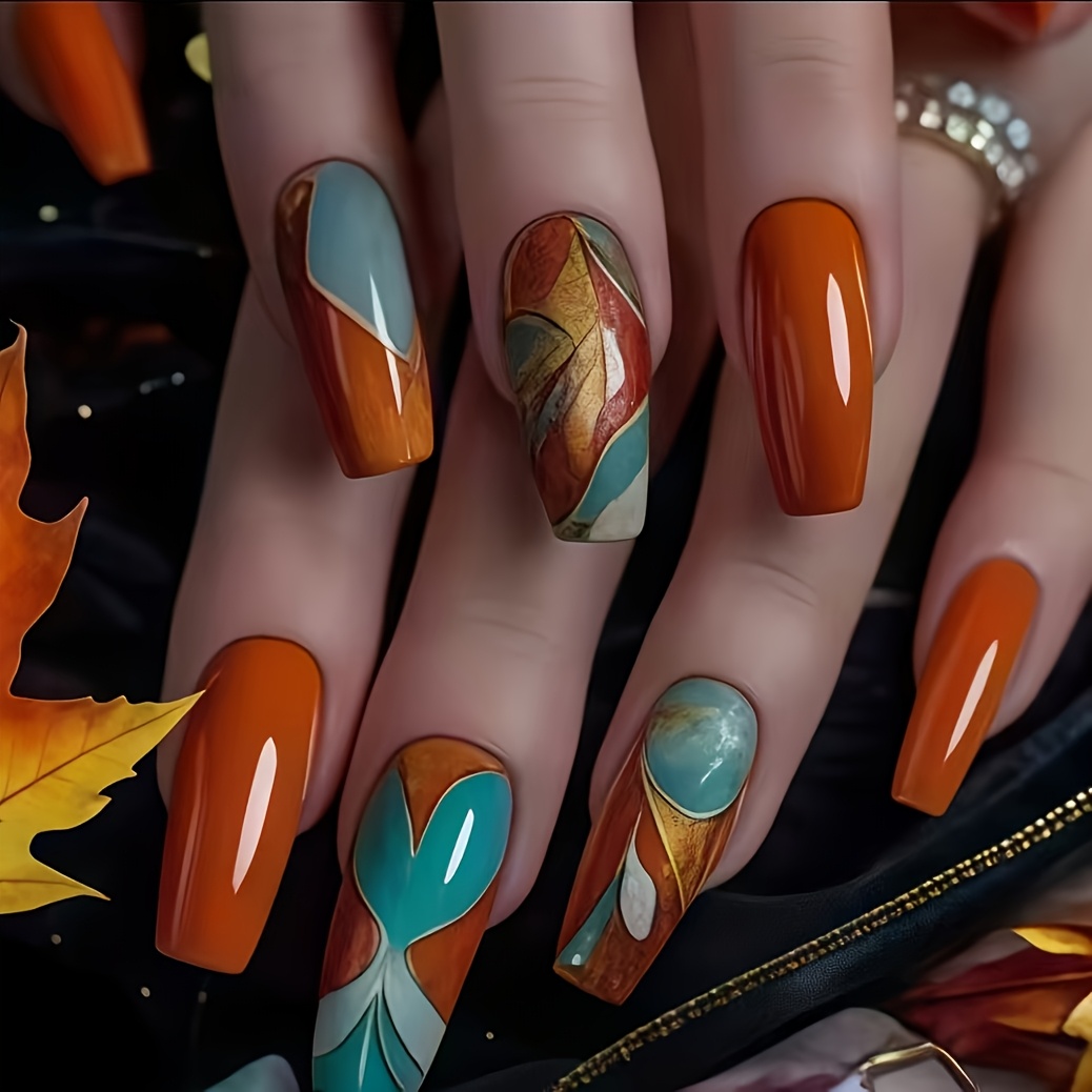 TEMU 24pcs Set Orange And Blue Contrast Color Fluid Geometric Press-on Nails, Glossy Medium-length Water Pipe Style, Suitable For Press-on Decorative