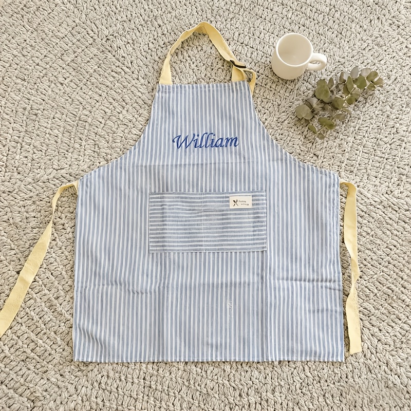 TEMU Delantal personalizado con bordado, delantal a rayas de estilo francés, diseño de bolsillo de gran capacidad, delantal de cocina para hornear,