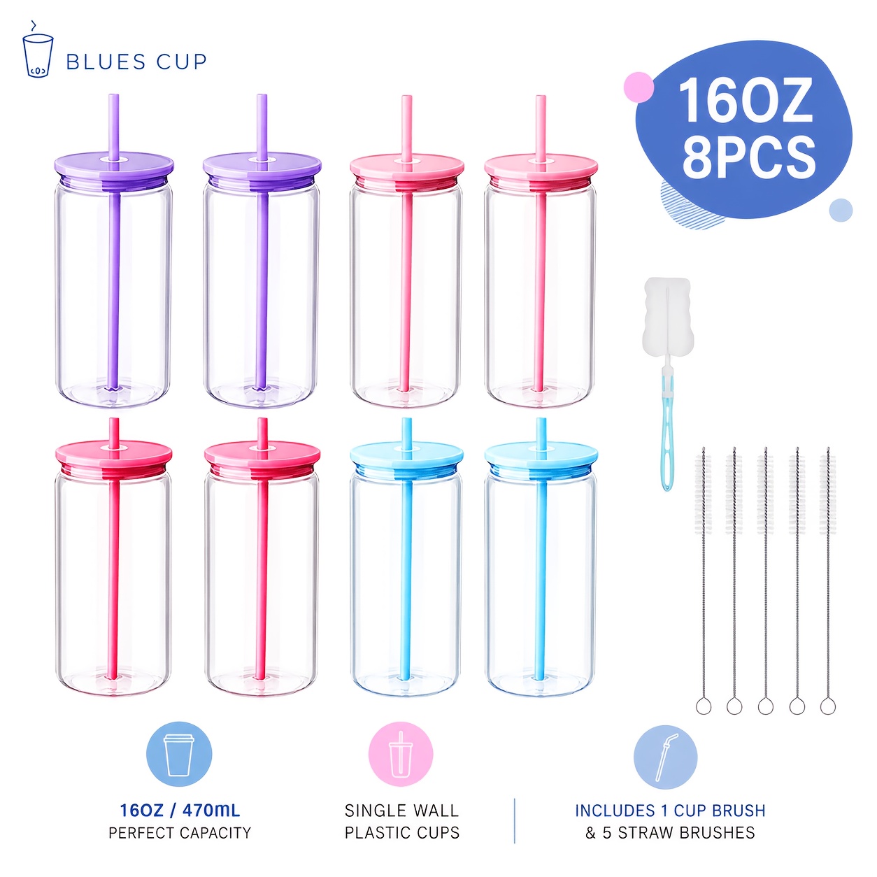 Image of 8 Pack 470ml Single Layer Colorful Plastic Cups With Lids, Straws And Brushes, Reusable Portable Tumblers For Outdoor Sports Camping Party Office Daily Use