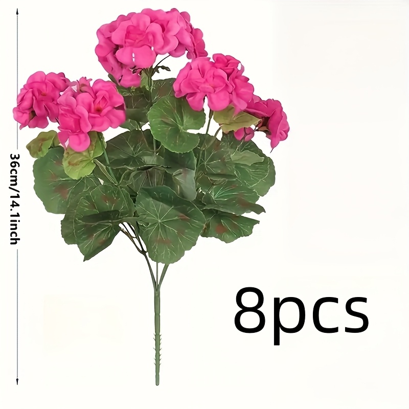 8pcs Anti-uv Artificial Geraniums - Vibrant Pink Fake Flowers With Green Leaves, Suitable For Indoor/outdoor Decor, Garden, Home Centerpieces, And Special Occasions Like Weddings And Engagements