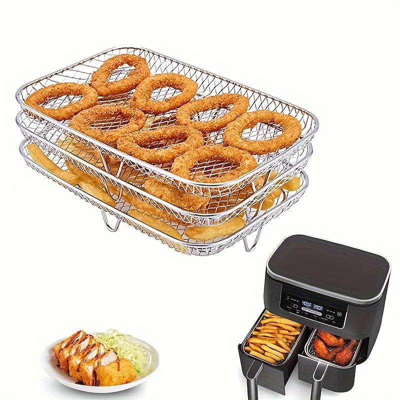 

3pcs, Layered Rectangle Dehydrator Racks, Stainless Steel Grilling Rack Air Fryer Rack For Ninja Dual Air Fryer, Air Fryer Basket Tray With Clip And Heighten Feet Pad For Double Basket Air Fryers