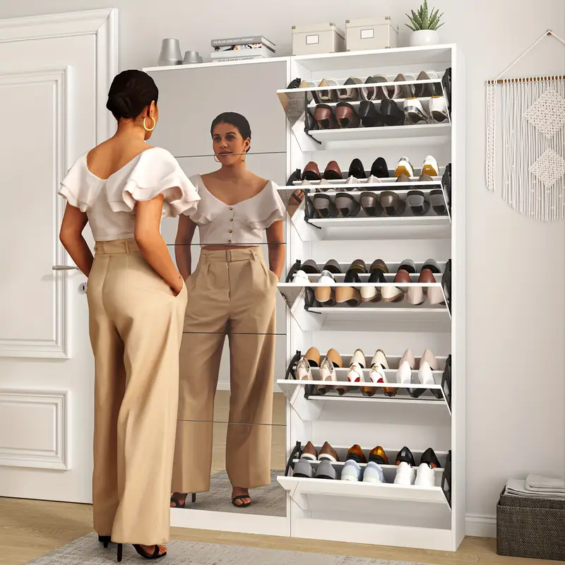 shoe storage cabinet with 5 flip mirrored drawers double rack shoe storage cabinet shoe organizer cabinet for entryway living room and shoe cabinets white Product details 5