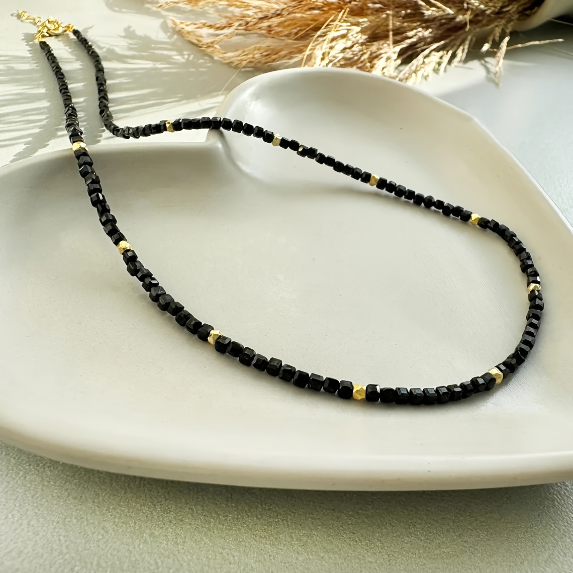 Image of 1pc Black Stone Seed Bead Necklace Black Stone Necklace Spring And Summer Women's Necklace For Her