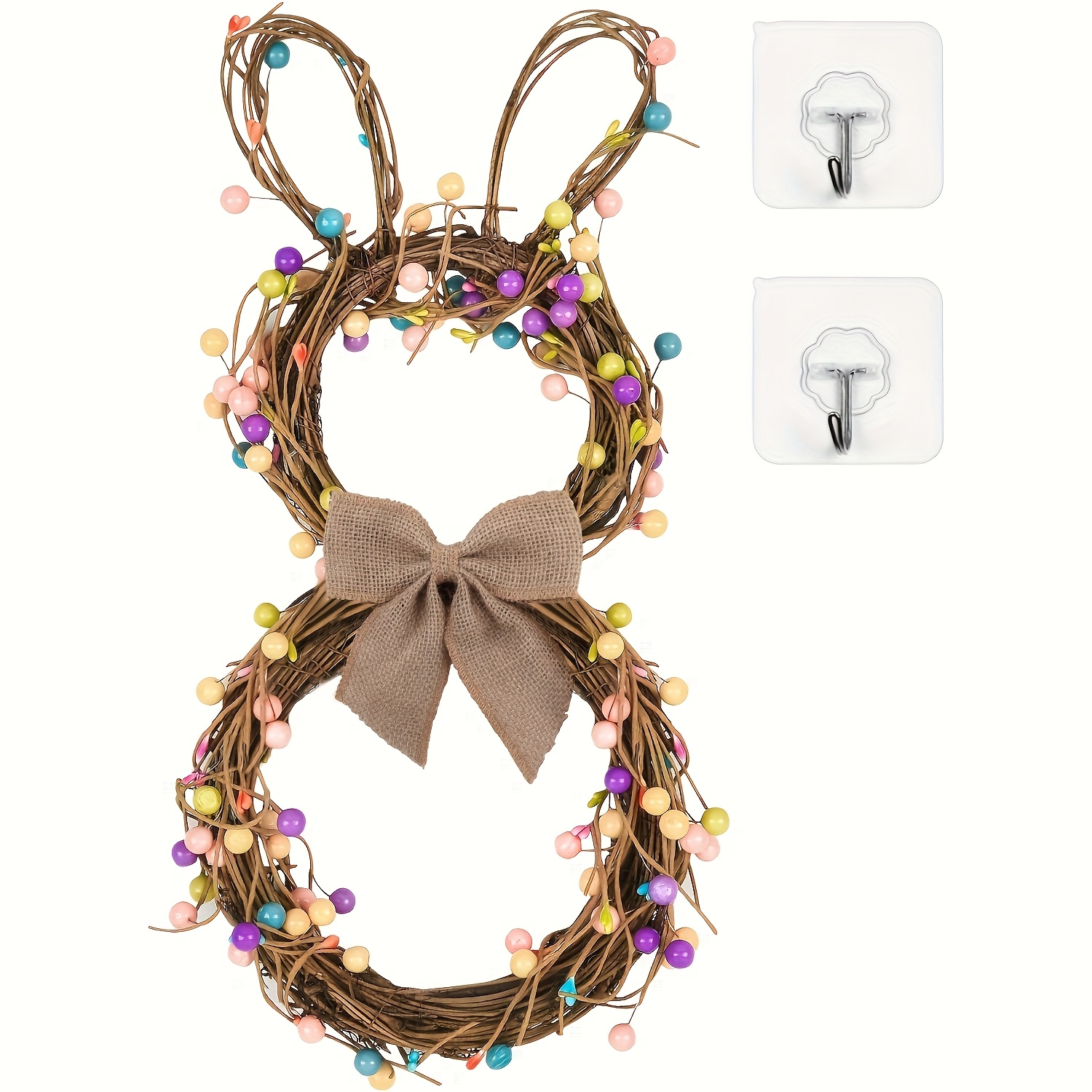 

Nldd Easter Bunny Wreath With Pastel Beads - Plastic Rabbit-shaped Door Decor With Berries And Bow - Handmade Rattan Spring Pendant For Home Garden Wall Decoration