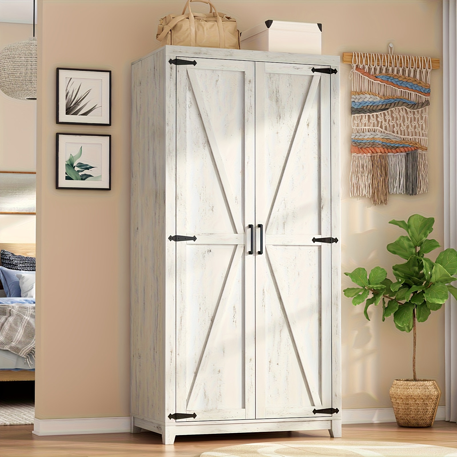 TEMU de garde-robe style ferme avec deux portes de , mesurant 71 pouces, comprenant un étagère et un barre à cintre pour un rangement polyvalent des