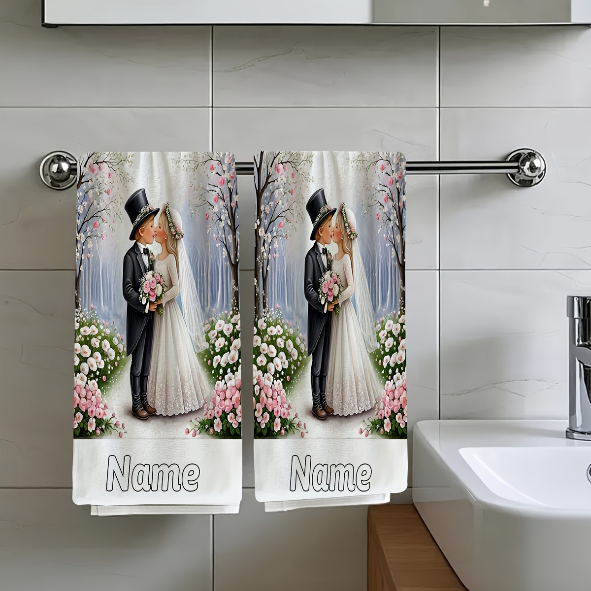 E-shop 2 Stück, eine romantische , ein kleiner und ein Braut in einem Hochzeitskleid, umgeben von Blumen und Bäumen, unverzichtbare Reisehandtücher,