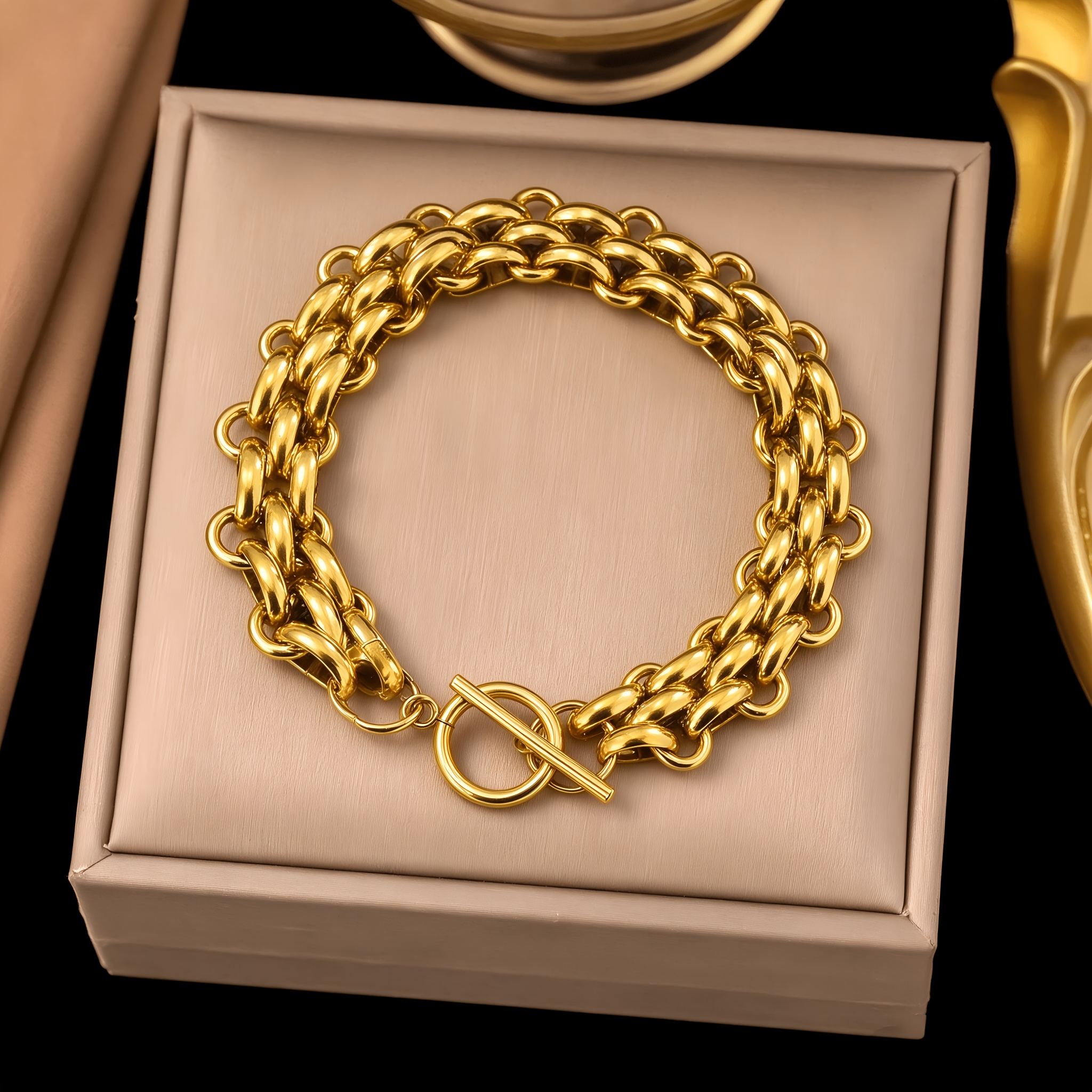TEMU Luxurious, Elegant, Fashionable, Unisex Wide Face Stainless Steel Daily Casual Wear Chain Hip-hop Gothic Style Bracelet