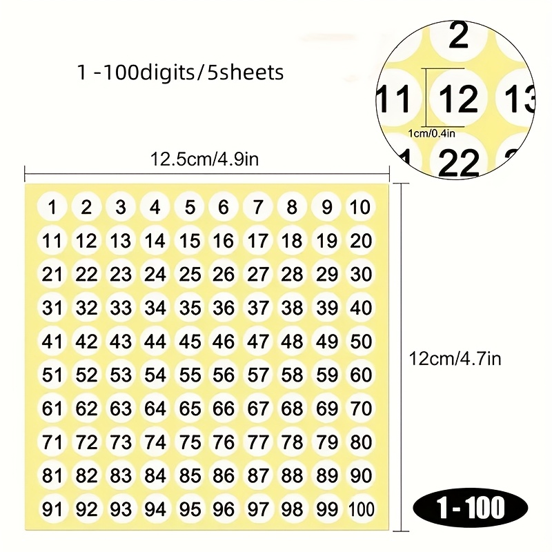 5 Sheets Of 1 To 100 Small Round Stickers With A Diameter Of 1.00cm/0.4in, Suitable For Office Decoration, Inventory Classification, And Daily Use At Home Or School