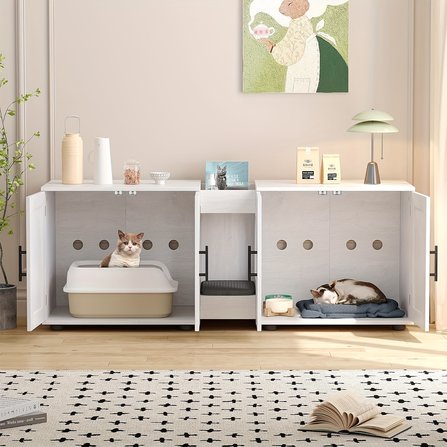 

Litter Box Enclosure With Double Room, Cat Hidden Litter Box Enclosure Furniture For 2 Cats, Wooden Enclosed Cat Litter Box Furniture, 55"l X 17.7"w X 22.5"h Cat House