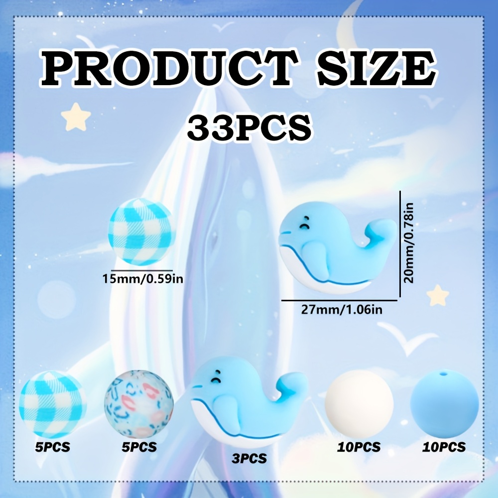 TEMU 33pcs Blue 3d Whale Silicone Beads, Including 15mm Printed Blue Silicone Beads, Suitable For Handmade Necklaces, Plastic Pen Beads, Keychains,