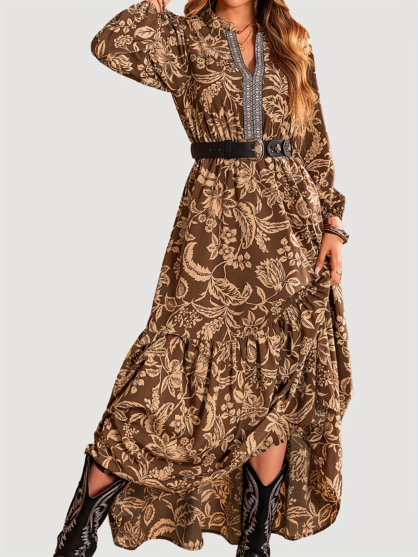 Robe Bohème Femme Manches Longues Yeenily - Imprimé Floral Et Coupe Loose | Style Ethnique Décontracté