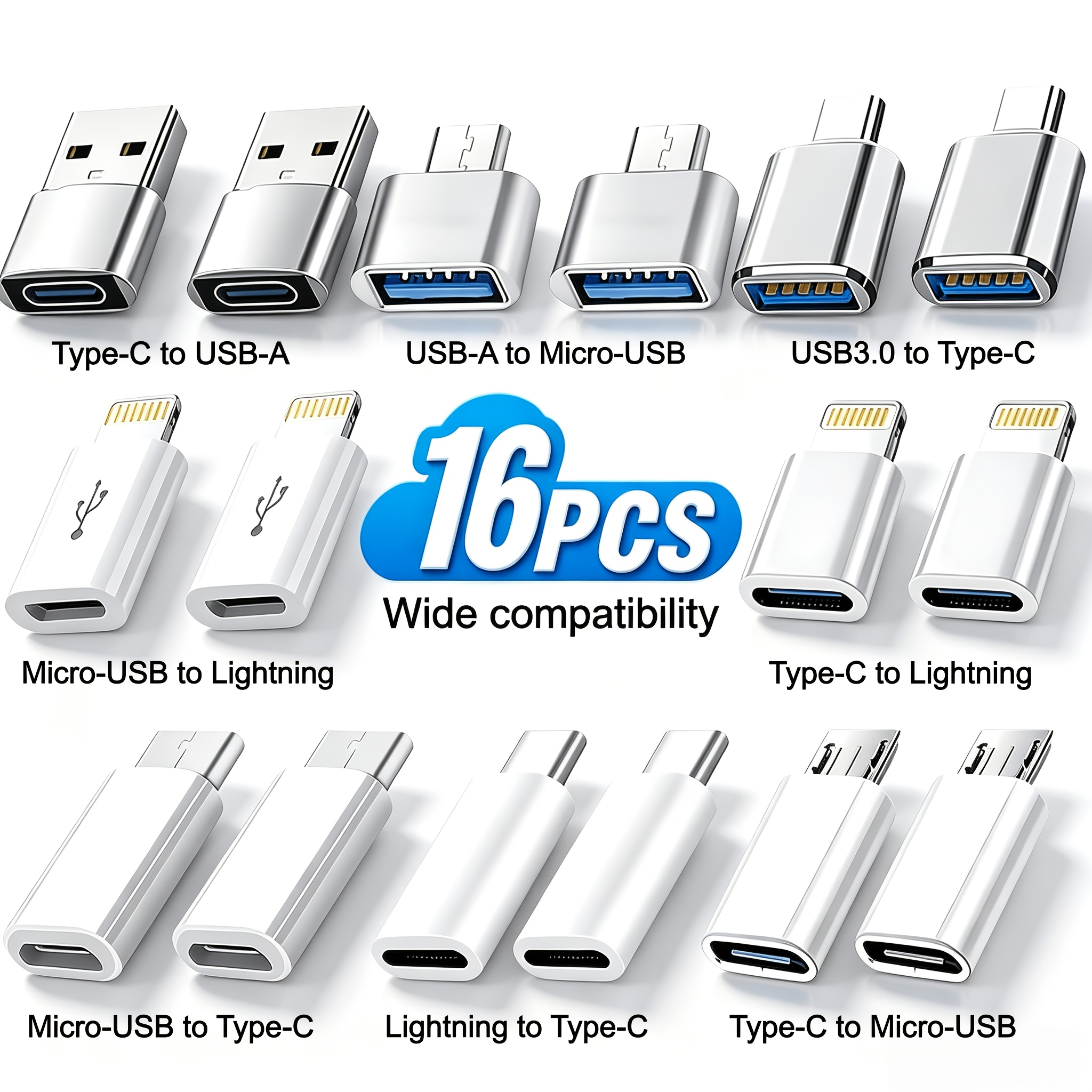 TEMU Adaptateur multifonction 8/10/16 pièces, convertisseur OTG pour téléphone compatible avec toutes les de système, adapté pour