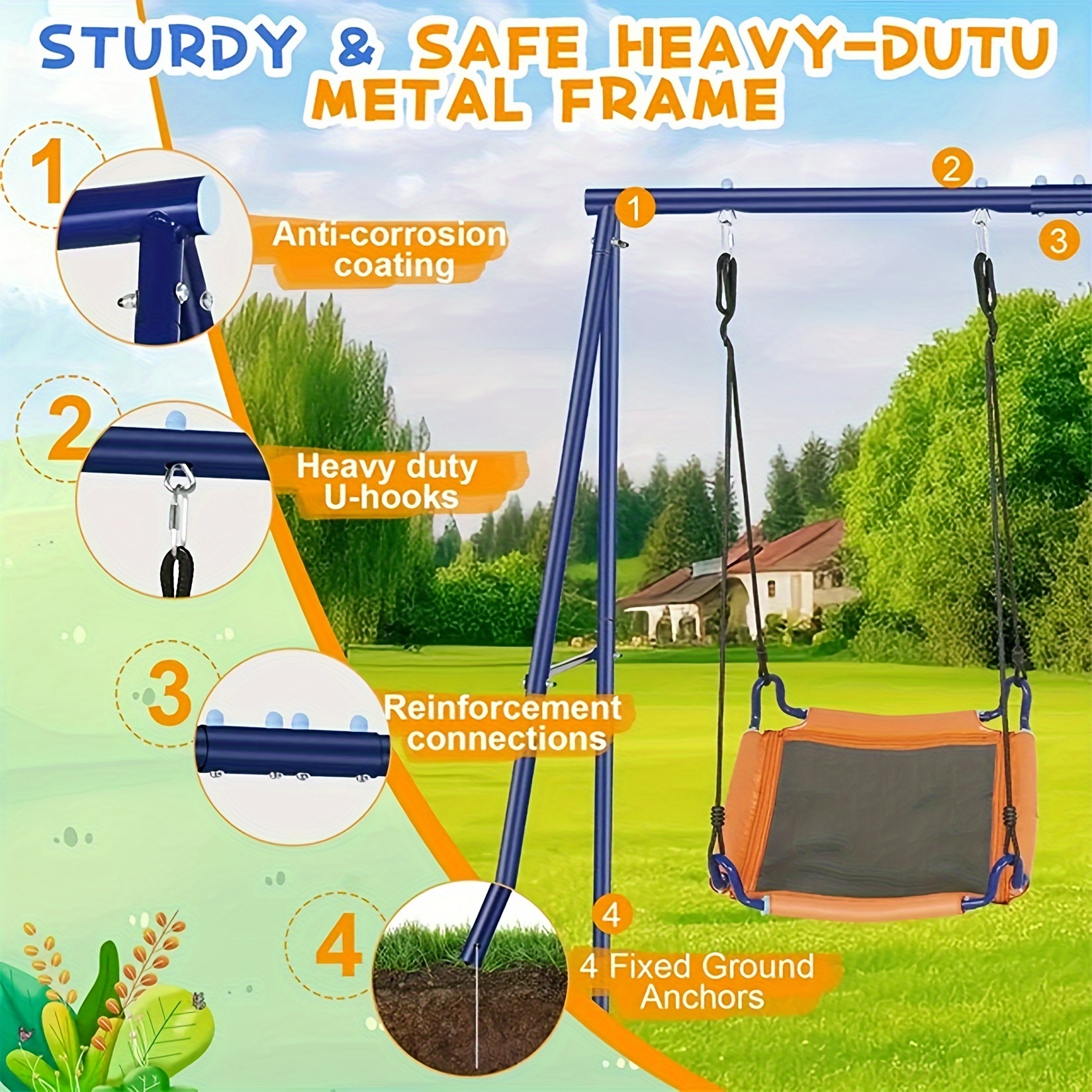 Swing Sets For Backyard Seat Swingset Outdoor For Kids Holds 440 Lbs  Heavy Duty Metal Swing Frame Waterproof With Adjustable Saucer Swing Belt  Swi