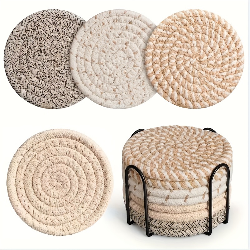 

8pcs, Nordic Coasters Set, Cotton Rope Woven Table Mat With Holder, Heat Insulation Table Pad, Kitchen Dining Table Thickened Pot Pad, Round Cotton Thread Braided Coaster, Room Decor