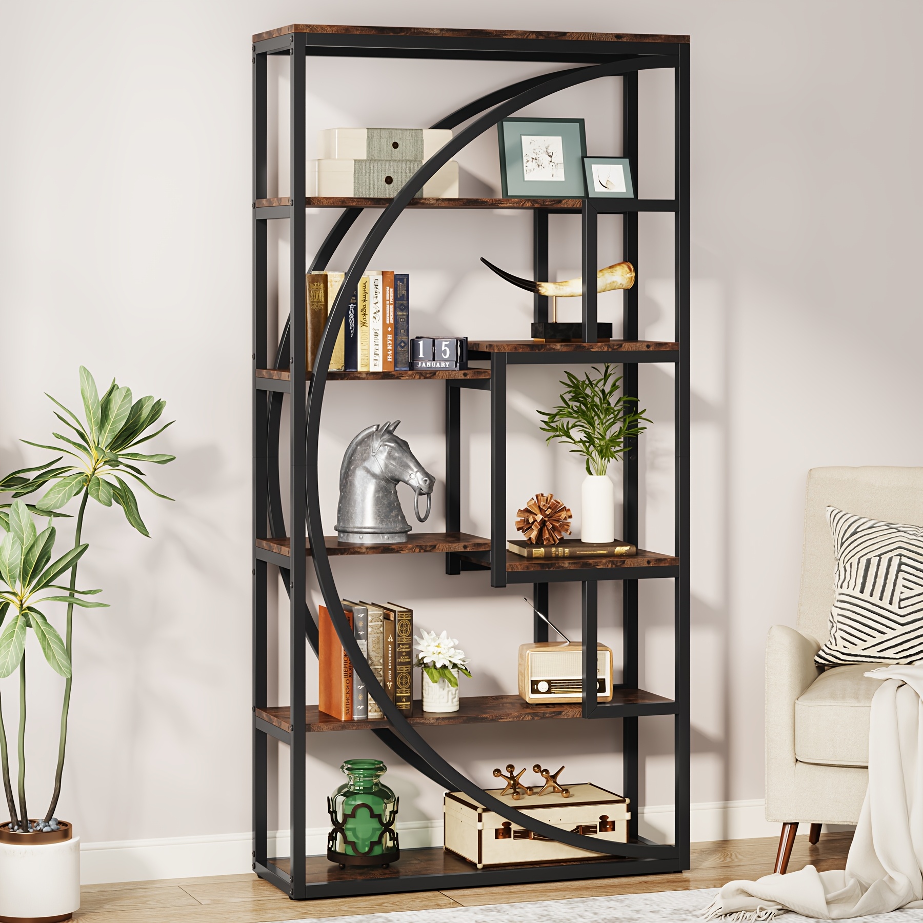TEMU " Rustic Brown Wooden Bookshelf - Industrial 5-tier Open Shelf Bookcase, 8-shelf Tall Etagere For Home Office & Living Room, Heavy Duty Display