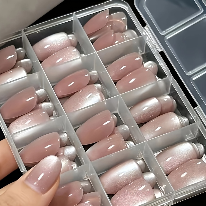 TEMU 120pcs Nude Pink Short Oval Cat Eye Fake Nails - Fashionable Glitter False Nail Set, Suitable For Nail Salons, Daily Use, And Special Occasions,