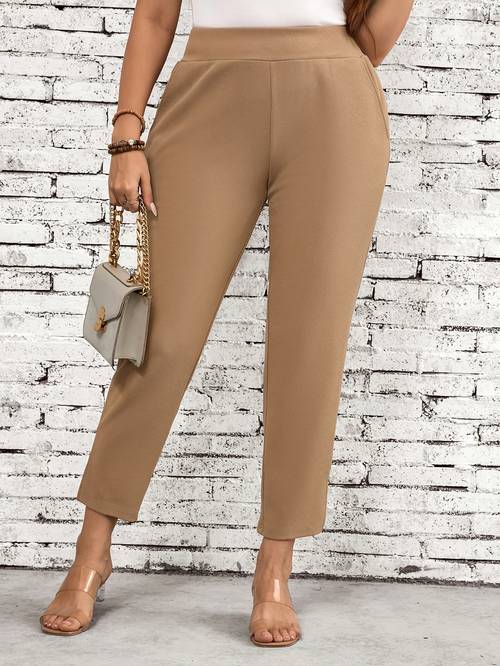 plus size plus size elegant solid color pocketed trousers cone pants wide trousers with utility pocket machine washable spring summer fall casual dressy wear solid color trousers for professional attire or everyday outfits