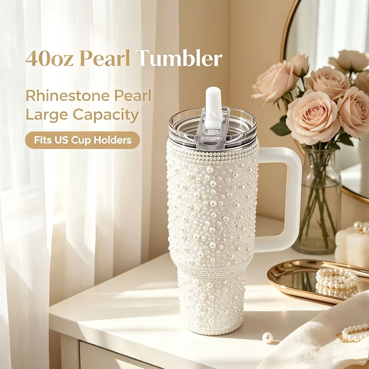 TEMU 40oz Full Diamond With Handle Leak Proof Tumbler, 304 Stainless Steel Double Wall Vacuum Insulated Cup, Reusable Large Capacity Travel Cup,