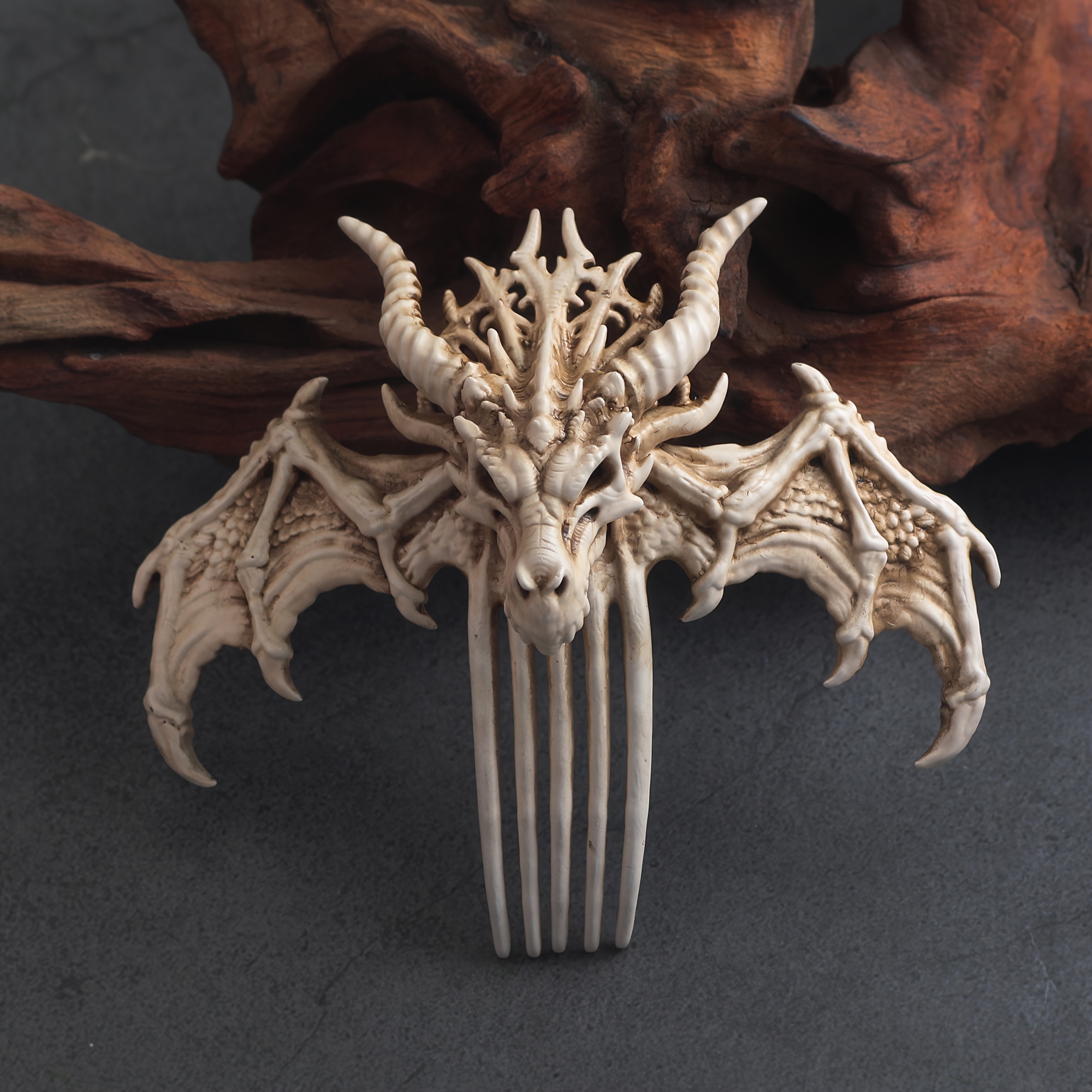 Image of 1pc Bone Fossil 3d Double-winged Dragon Bone Five-tooth Resin Hair Comb, Retro Dark Viking Updo Comb, Gothic Lady's Headdress, Holiday Gift
