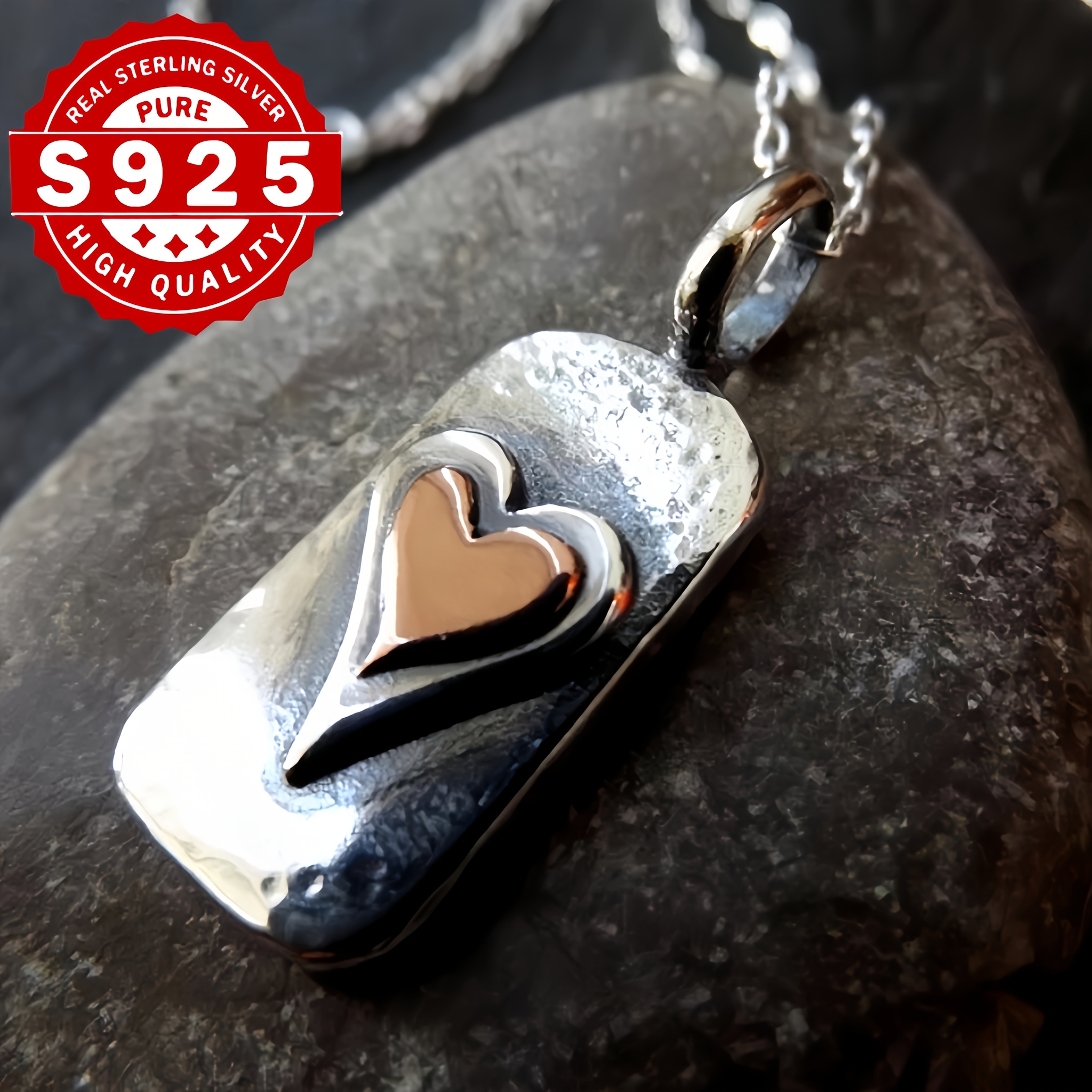 TEMU 1pc S925 925 Silver Fashionable Double-layer Heart-shaped Geometric Rectangular Heart Pendant Necklace Love Retro Jewelry Accessory For Lovers
